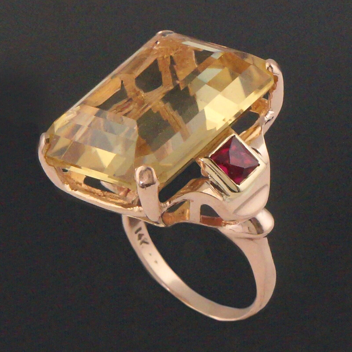 Large Solid 14K Rose Gold 38 Ct. Citrine .90 CTW Ruby Estate