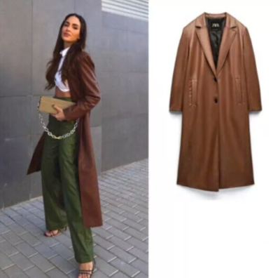 ZARA NEW WOMAN LONG FAUX LEATHER TRENCH COAT CAMEL BROWN 1255/702
