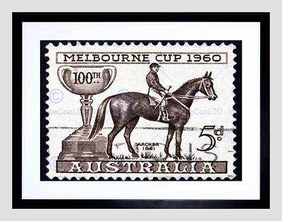 POSTAGE STAMP AUSTRALIA VINTAGE MELBOURNE CUP ARCHER FRAMED ART PRINT B12X8853