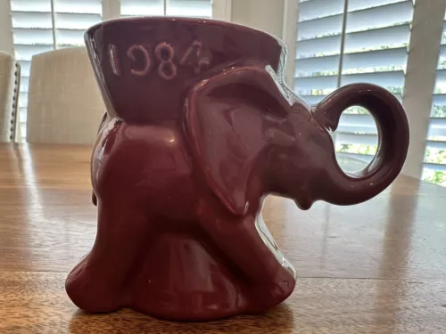 Vintage Political Frankoma GOP Elephant Mug, Marked 1984, Mulberry Color