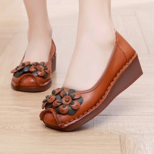 Womens Cowhide Shoes Ethnic Comfortable Anti Slip Flower Casual Fashion Shoes Sz