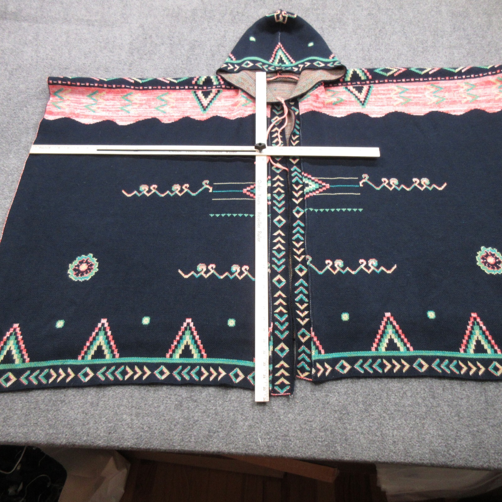 Checkanka Poncho Womens Geometric Knit Aztec Hooded Cape Open Shawl Quetzal