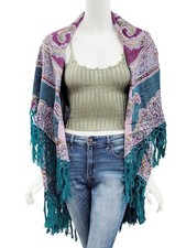 Hand Embroidered Poncho Coverup Teal Burgundy Paisley Fringe One Size New