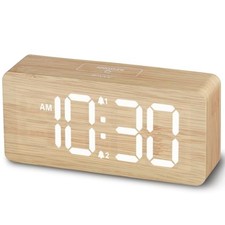Wooden Digital Alarm Clocks for Bedrooms: Bamboo - White Digits (Plug-in)