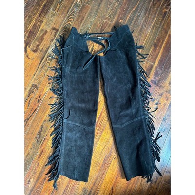 Vintage Suede Fringe Chaps Unisex Sz M Black Western Biker Rodeo Festival Cowboy