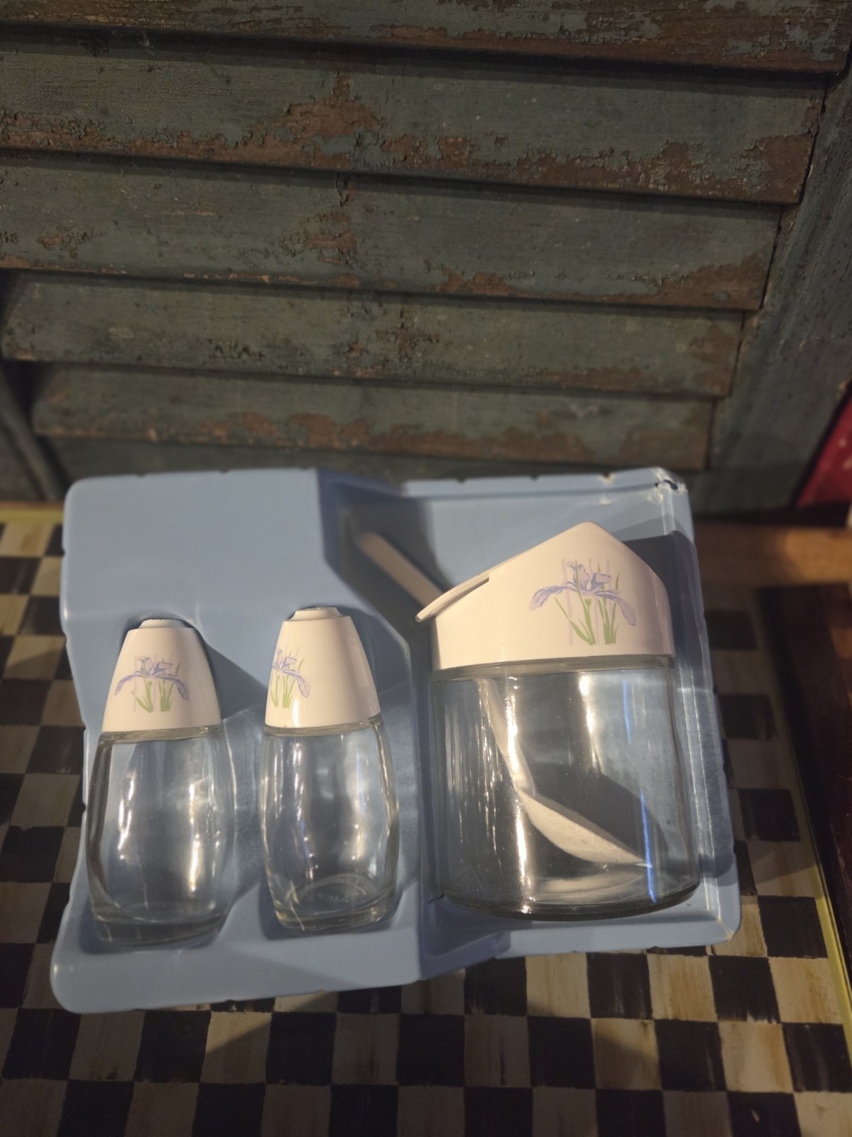 Corning Corelle Gemco Iris Purple  Glass Salt & Pepper Sugar Bowl Spoon Box Set