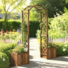 Wooden Garden Arch with 2 Planter Boxes, Outdoor Rose Arch Trellis, Carbonised