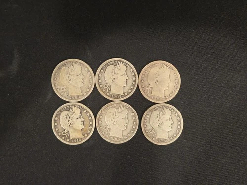 (6) 1909-1916 Barber Quarter VG Very Good Silver 25c Lot