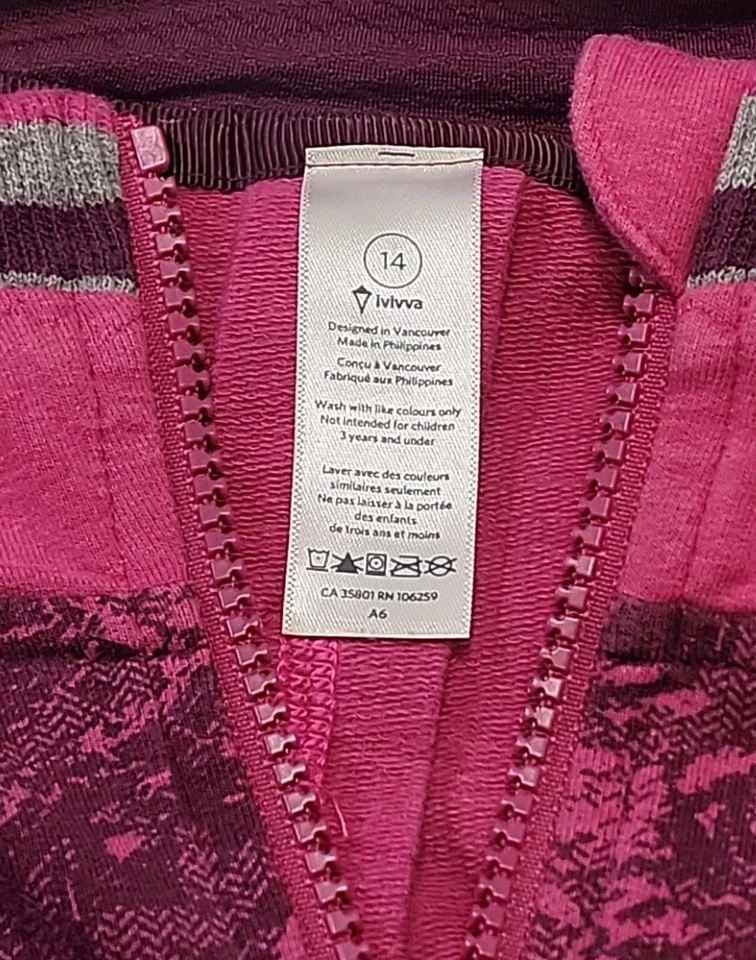 Chaqueta con Capucha Ivivva Lululemon Cremallera Completa Rosa y Púrpura Talla 14 Algodón/Spandex Foto 2 de 4