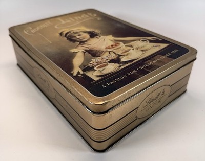 Lindt Lindor Chocolate Tin Box Vintage Gold Candy Storage Container 9x6.5