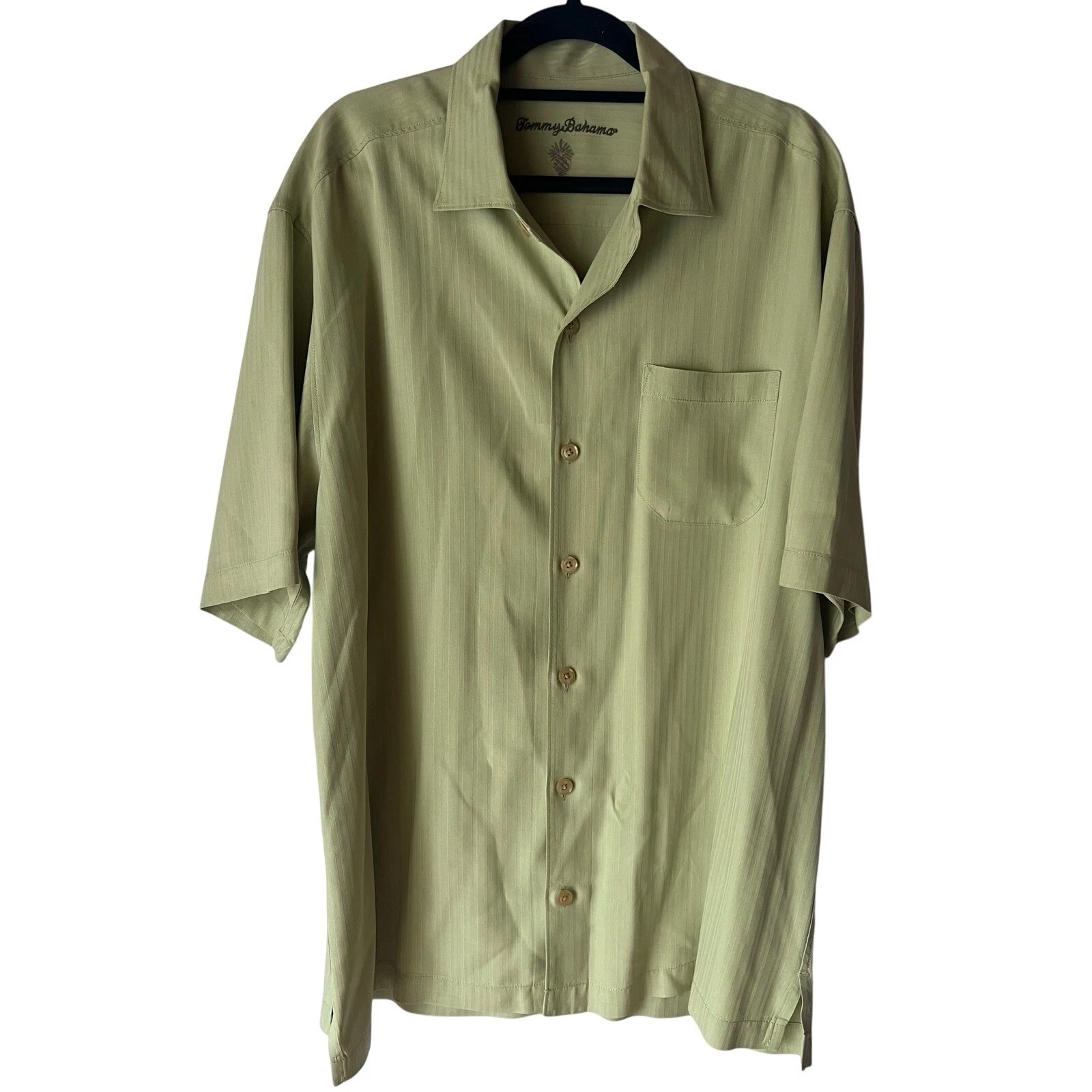 Tommy Bahama Mens Silk Short Sleeve Button Down Shirt Palm Tree Logo Green M