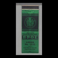 Matchbook Cover Florida BPOE Elks Lodge No. 1232 Palatka, FL