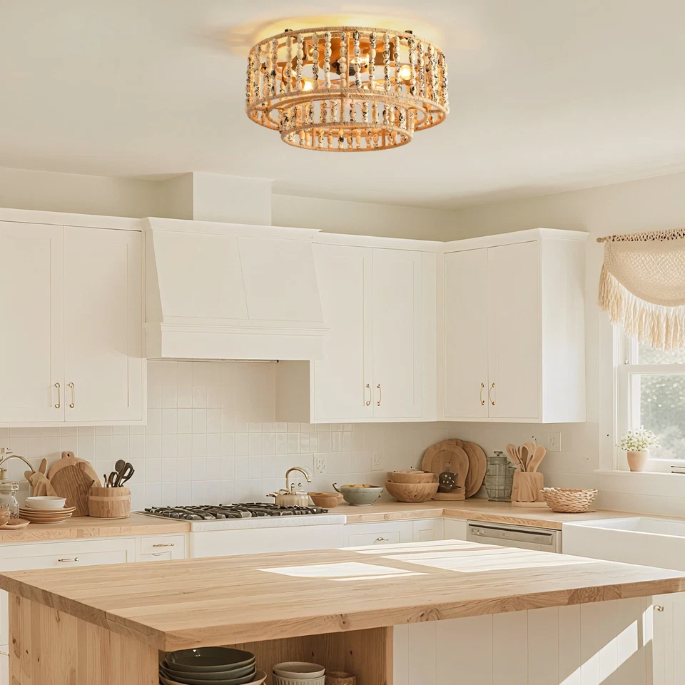 Ventilador de Techo 20" 5 Luces Boho Granja Cuentas Madera con Luces y Control Remoto Foto 3 de 4