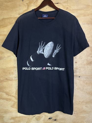 Vtg 90s Polo Sport USA Flag Football Catch Rugby Graphics T-shirt