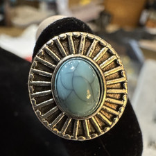 Silver Tone Cocktail Ring w/ Oval Blue Glass ...