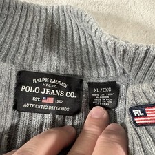 Polo Jeans Company 1/4 Zip Pullover Sweater Men's XL Gray American Flag Vtg 90s