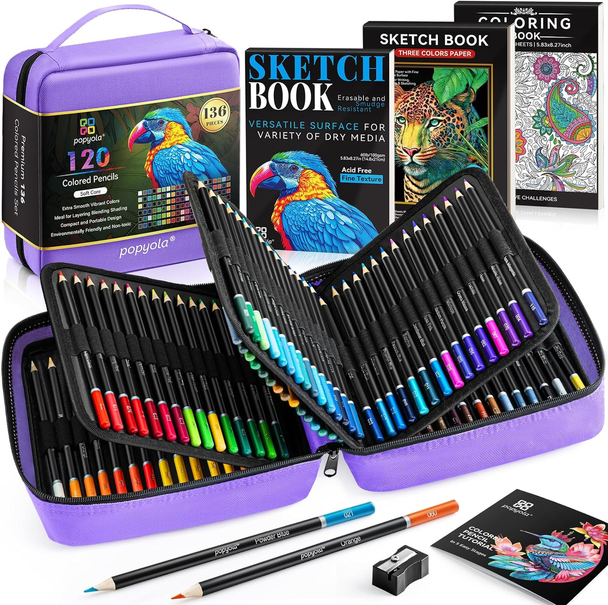136 Pack Colored Pencils Set with Sketch Book & Sharpener for