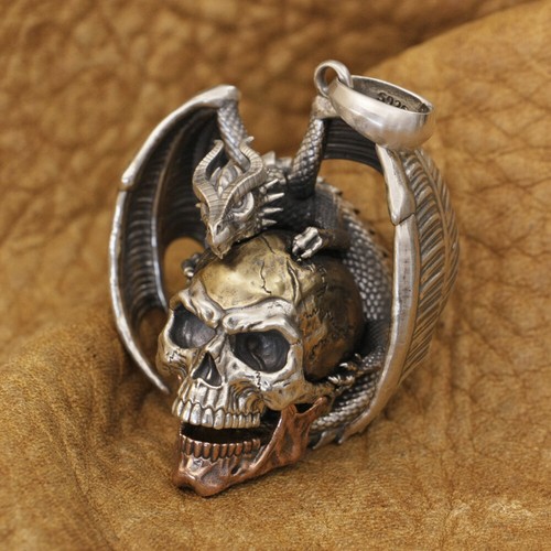 925 Sterling Silver Flying Dragon Punk Skull Pendant Jewelry TA380D Version A - Picture 2 of 12