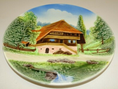 Woodland Scene Cottage & Stream Hand Painted 3-D Plate West Germany 1661 2558
