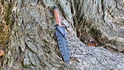 Kydex sheath, BOKERS PLUS '' V-42 '', Pancake, Leather Guard Strap, Poly Clip(BK)