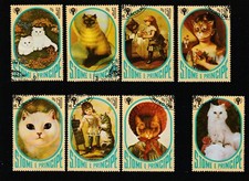 ST TOME & PRINCIPE - CHATS CATS - Série de 7 timbres OBL Oblitérés + 1 vignette