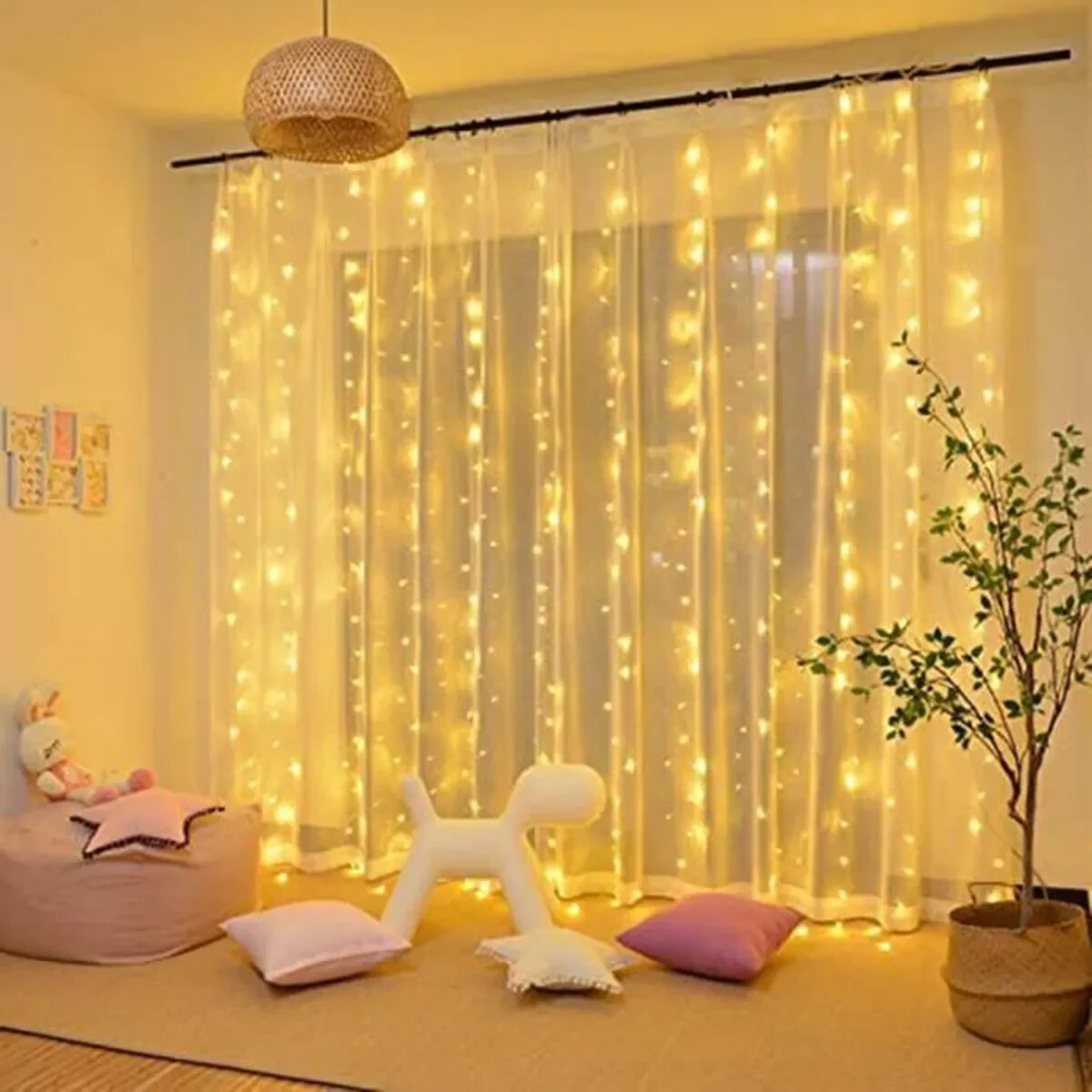 Rideau lumineux 300 LED 3x3m avec 8 modes d'éclairage blanc chaud