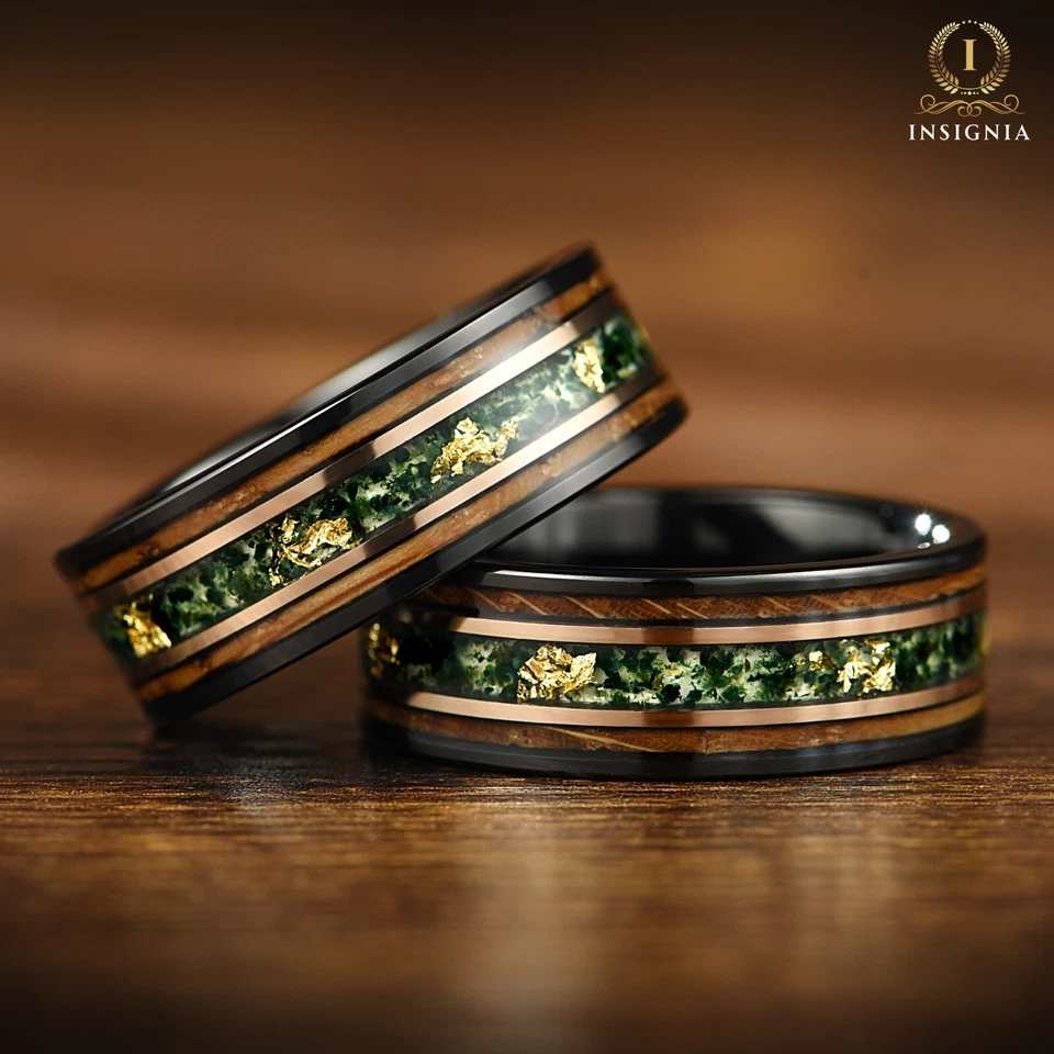 Moss Agate Ring With Whiskey Barrel Wood & Gold Leaf - Unique Men's Wedding Band - Image 4 of 4