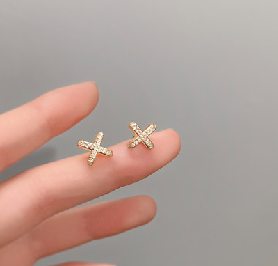 Tiny Adorable X-Shape Cross Gold Pave Cubic Zirconia Stud Earrings