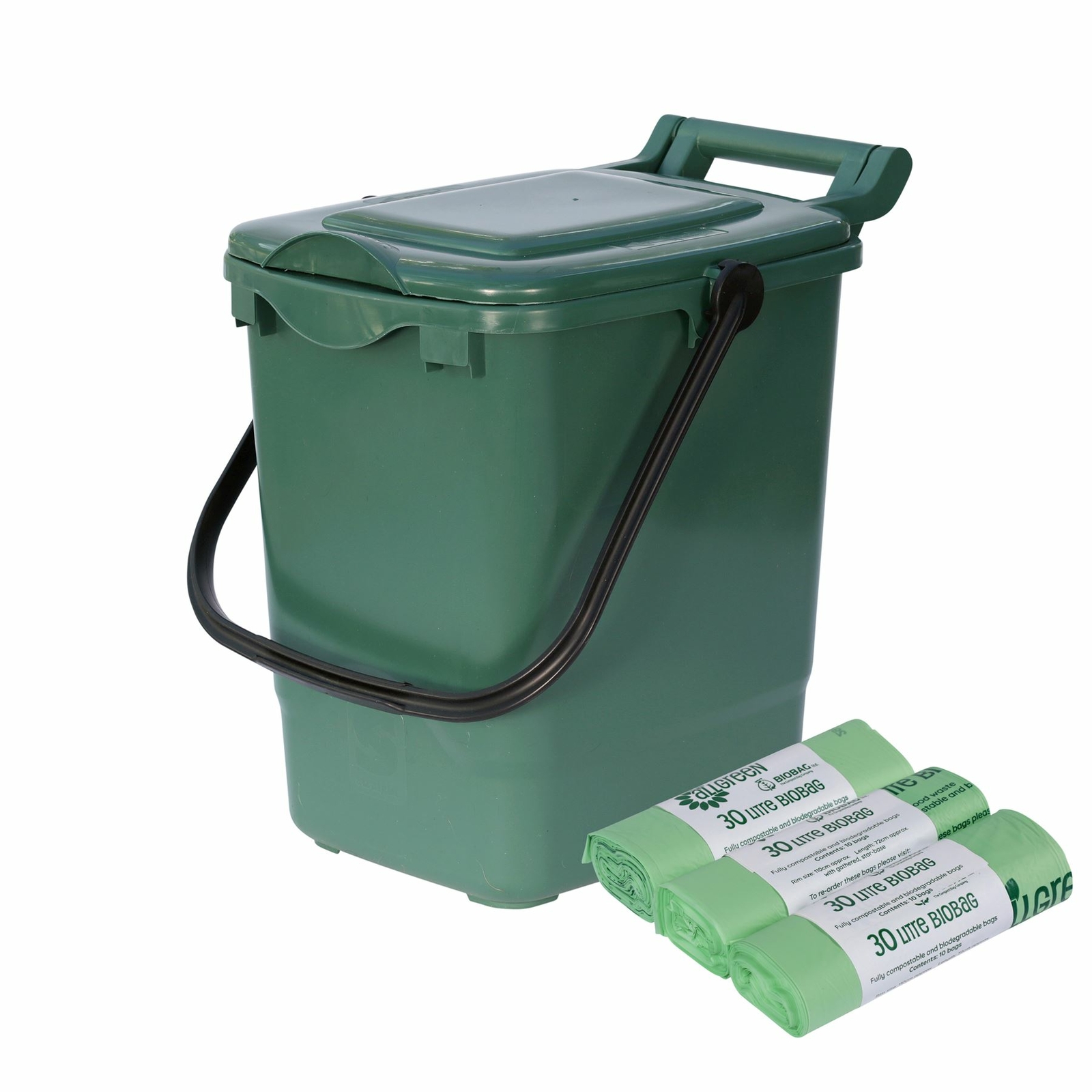Green 23 Litre Compost Caddy for Food Waste Recycling&30x30L Compostable Bags