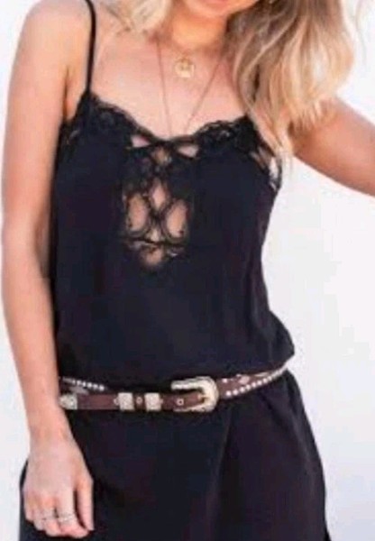 SPELL Lovelace Black Mini Slip Dress Size L SP17