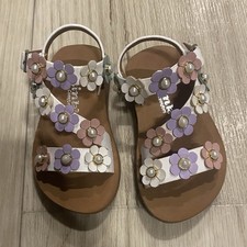 Link Comfort Girls White Purple Pink Flower Pearl Buckle Strappy Flat Sandals