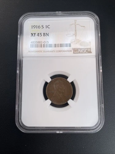 1916-S 1C BN Lincoln Cent Graded by NGC as XF 45 BN