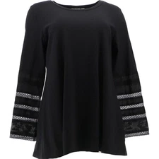 NWT LOGO BY LORI GOLDSTEIN COTTON MODAL EMBROIDERED TOP BLACK SMALL