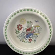 VTG 60'S FIGGJO FLINT CHILD'S BABY BOWL DISH PIG ON BIKE W ROOSTER NORWAY
