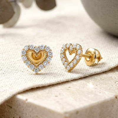 14K echtes massives Gold 0,252 ct Diamant offenes Herz Ohrstecker Schraubverschluss Labor gezüchtet