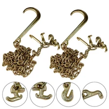 2× G70 5/16''x10' Transport Tow Chain J Hook Long Shank w/ R T J&Grab Hook