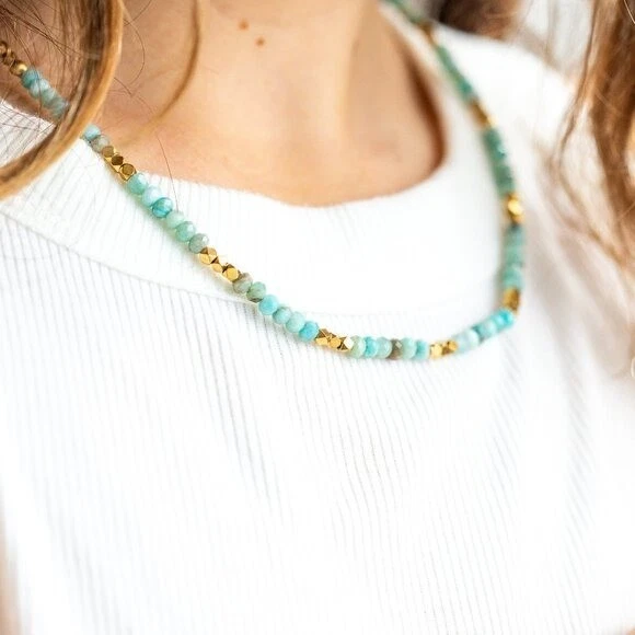 PACOTE Lindo Colar Amazonita + Conjunto de Pulseira Impermeável Sem Manchas Joias - Imagem 2 de 4