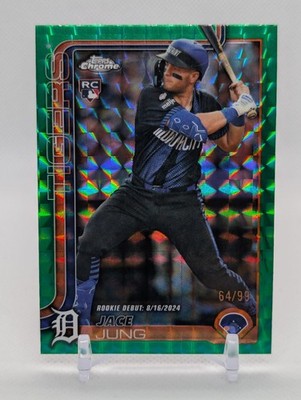 Jace Jung 🔥2025 Topps Chrome  #225 Rookie RC Green Geometric Refractor /99 -