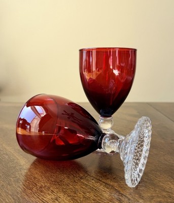 Pair Of Vintage Anchor Hocking Ruby Red Bubble Foot Water Goblets 5-1/2  X3-1/8 