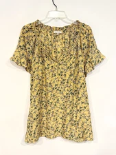 Max Studio Womens Chiffon Blouse Plus Size 3X Yellow Micro Floral Flutter Sleeve