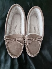 M & S Ladies Suede Stitch Detail Moccasin Slippers Faux Fur Lining Size 3 Mink