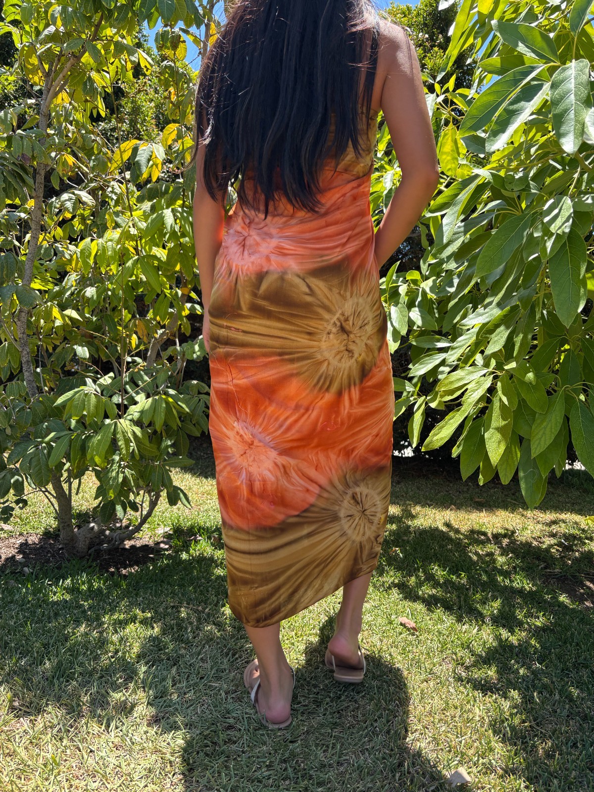 Hawaiian Design Sarong Orange Tan Brown Tie Dye Luau Wrap Beach Pareo Dress