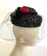 Vintage Small Black Straw Pillbox Hat with Veil Red Flower