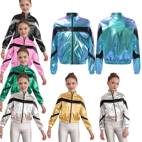 Kids Girls Shiny Metallic Bomber Jacket Stage Performance Dancing Outwear Coat - Picture 2 of 63