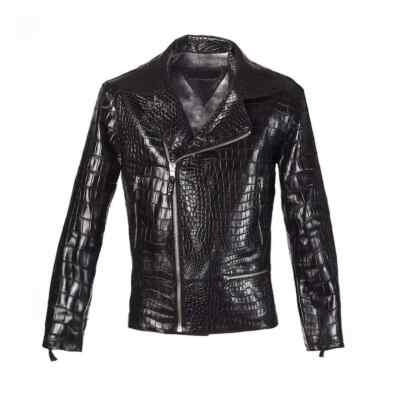 Men's Black Leather Crocodile Embossed Jacket Biker Alligator Print Zip Jacket