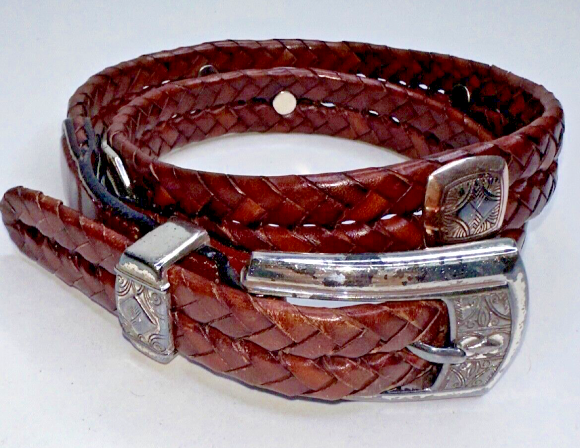 Brighton Braided Belt brown Leather Silver Grommets Square 
