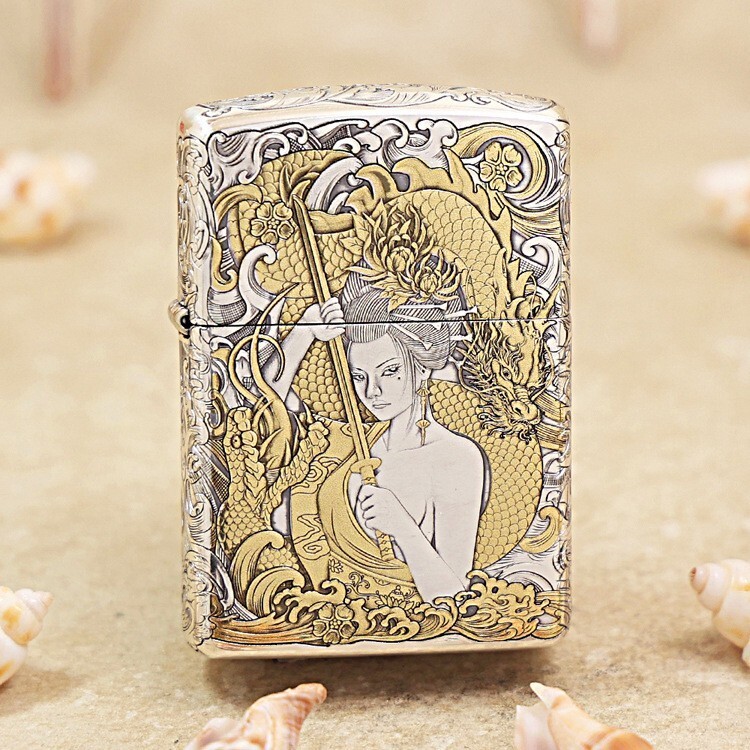 Zippo Armor Custom Lighter Geisha & Samurai – Silver Plated 360