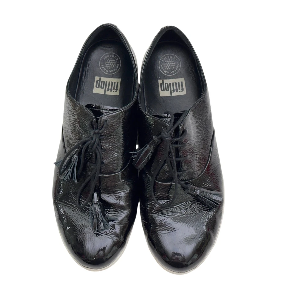 FitFlop Womens US 9 EU 41 Black Patent Leather Lace Up Tassel Super Oxford Shoe - Image 2 of 4