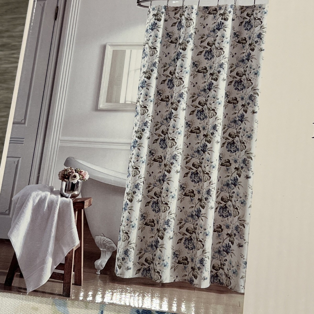 LAURA ASHLEY Shower Curtain Blue Floral Green Leaves 72