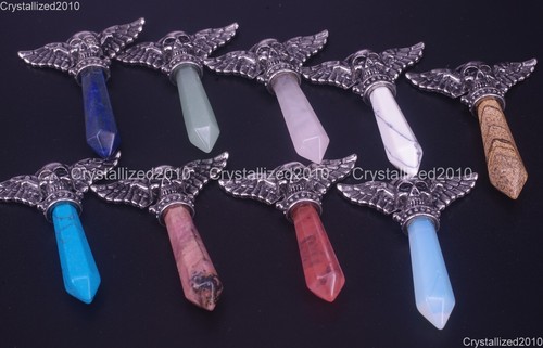 Natural Gemstones Halloween Skull Wing Hexagonal Chakra Pendant Necklaces Beads - Picture 2 of 34